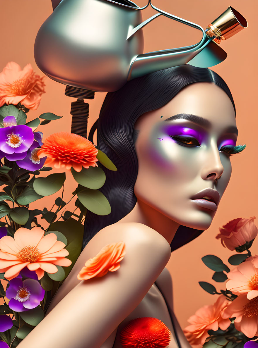 Surreal image: Woman with vibrant makeup, metallic pieces, and colorful flowers