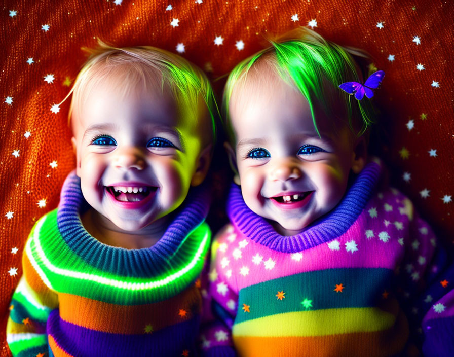 Colorful Striped Sweater Toddlers with Butterfly on Head Smiling in Starry Background