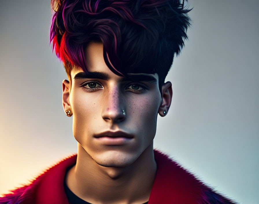 Stylish young male with purple highlights in dark hair, red fluffy collar, ear piercings