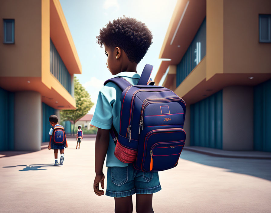 Child with backpack near school observing other kids