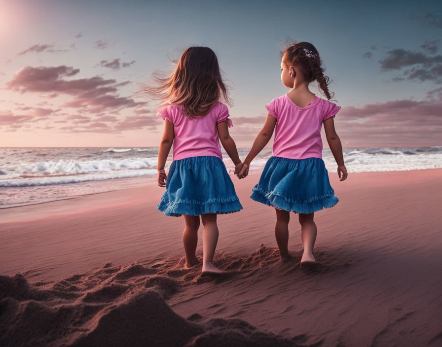 Two young girls holding hands on a sunset beach with waves and pink sky