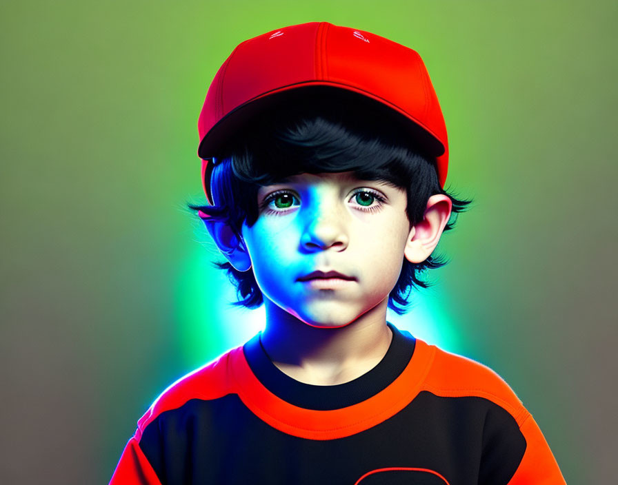 Young boy in red cap and black shirt on green and purple gradient.