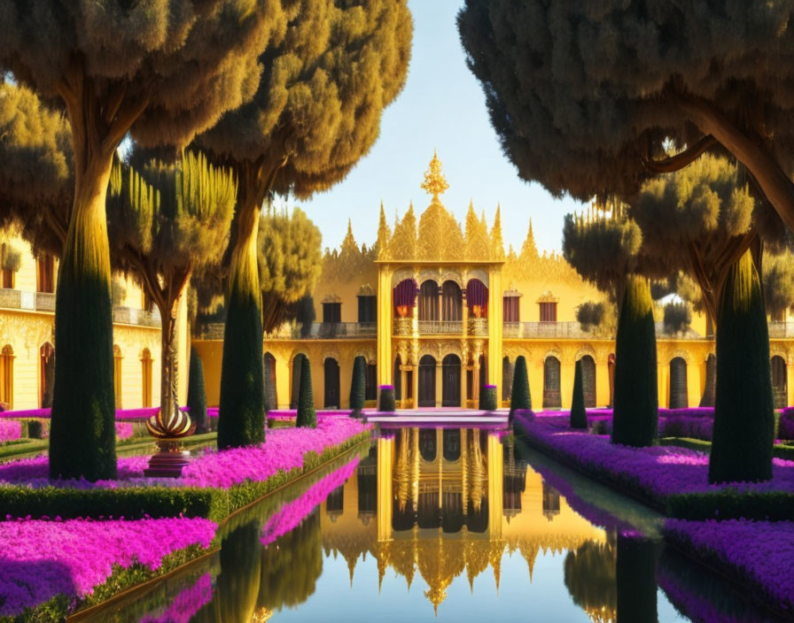 Vibrant purple flowers, symmetrical topiary trees, reflective waterways, and ornate