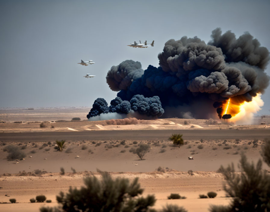 Expansive desert scene with massive explosion and aircraft in hazy sky