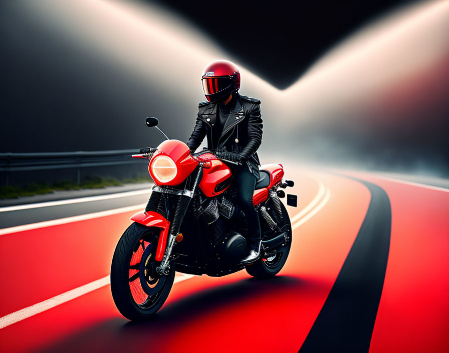 Motorcyclist in Black Leather Jacket and Red Helmet Riding Red Motorcycle on Road with Dynamic Lighting