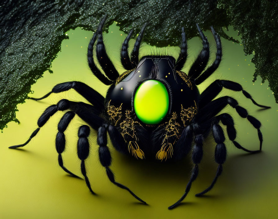 Black spider with golden patterns, green eyes, on yellow surface