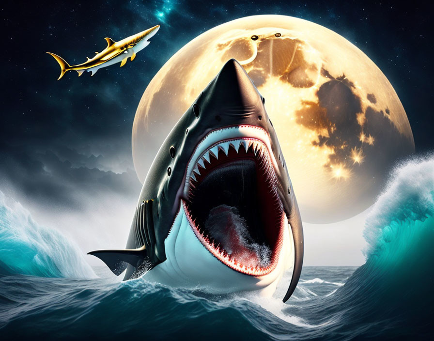 Large Shark Leaping from Ocean with Moon and Flying Fish