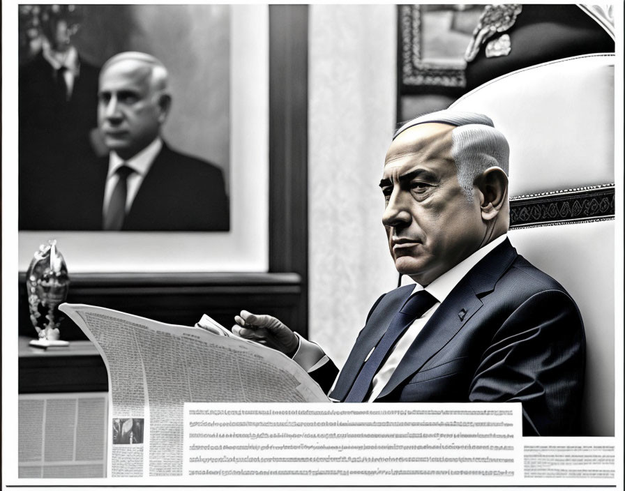 Man in suit reading newspaper with monochromatic portraits on wall