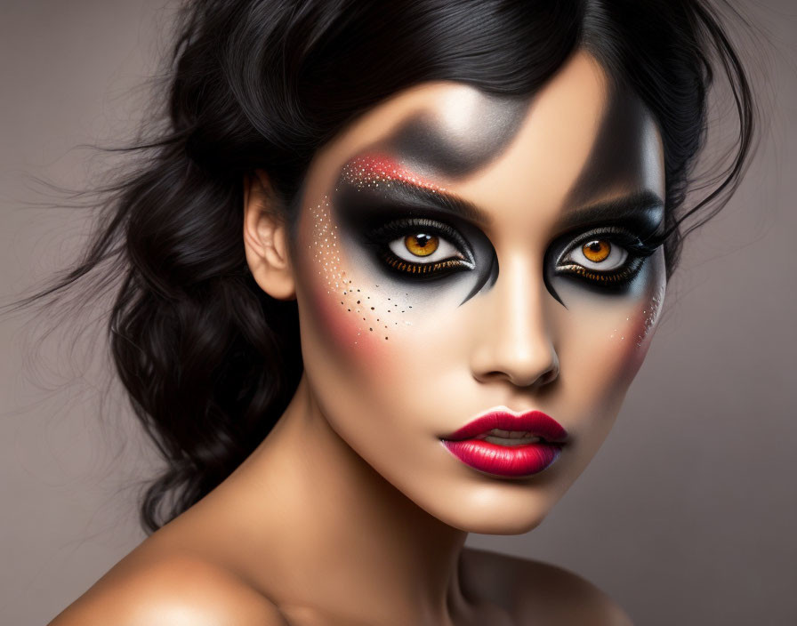 Woman with Dramatic Black Eye Shadow and Red Lips - Face Paint with Dots