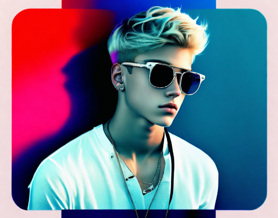 Fashionable individual with bleached hair, sunglasses, and earrings on colorful backdrop