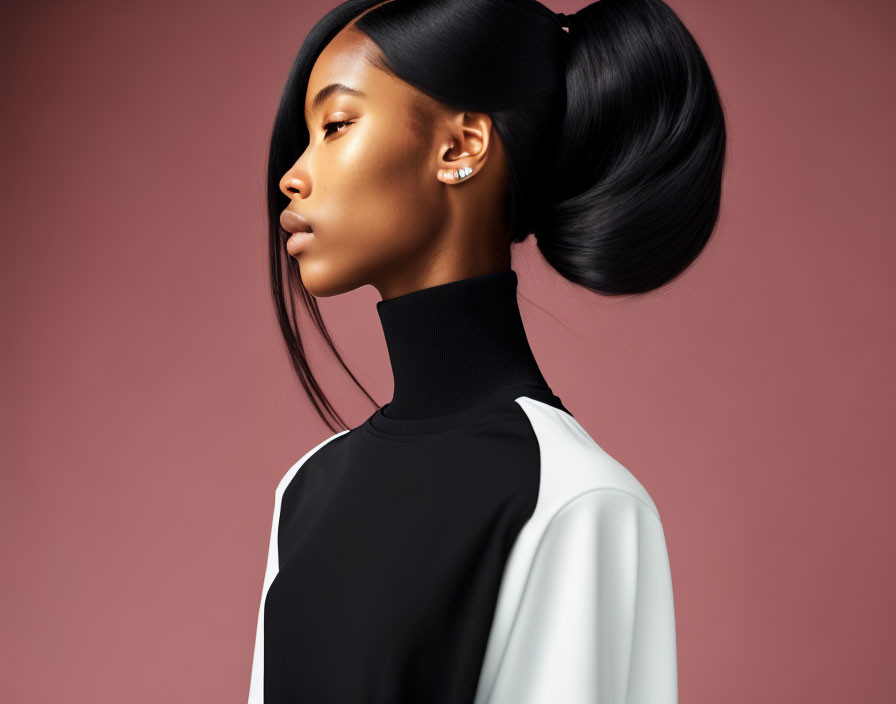 Profile view of woman with sleek ponytail and hoop earrings in black and white top on pink background