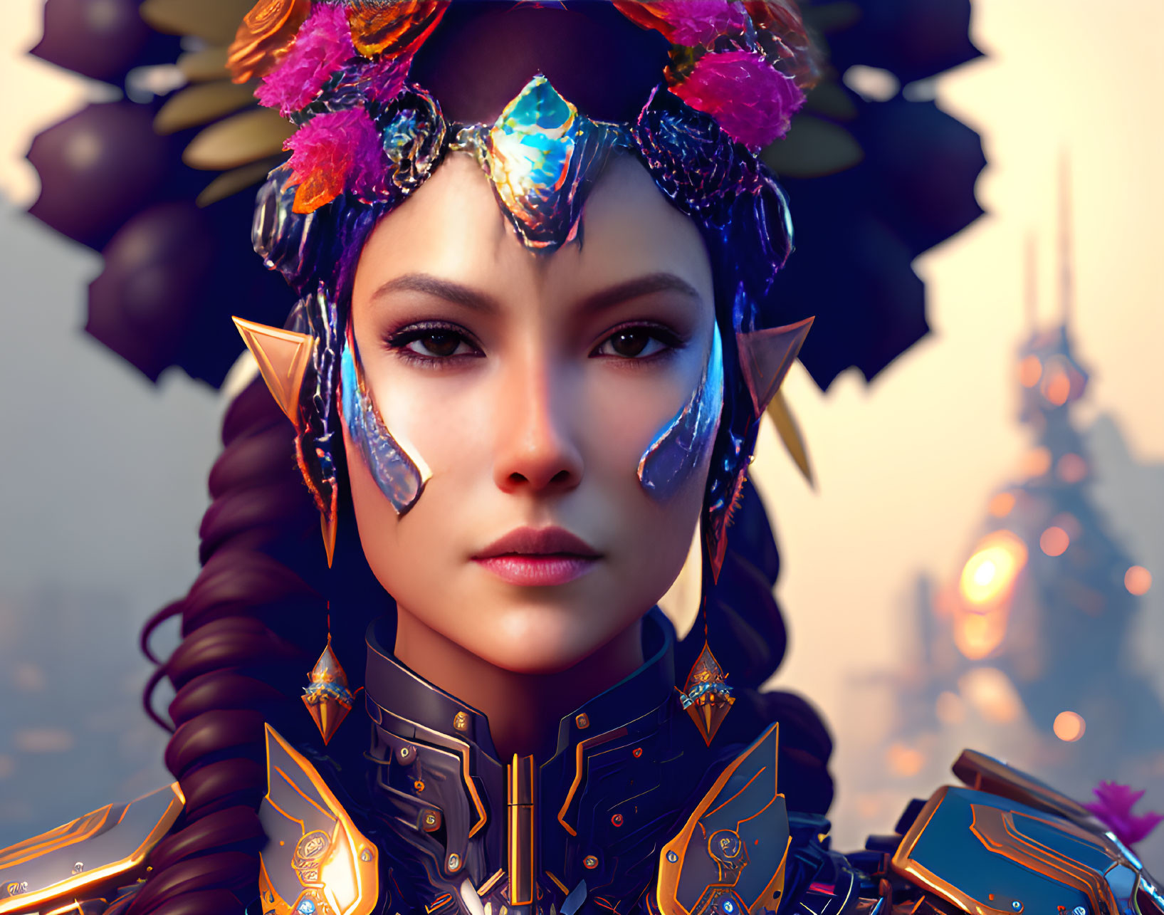 Futuristic digital portrait of a woman with ornate headdress and metallic facial adornments