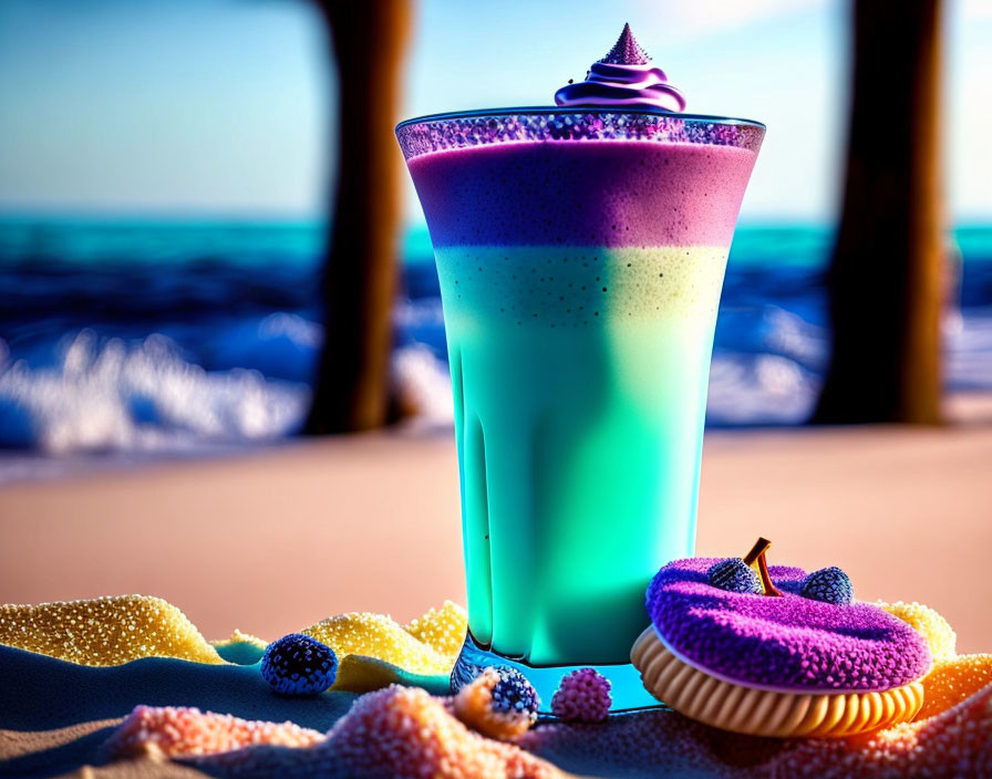 Vibrant gradient slushie with whipped cream, doughnut, and berries on beach.