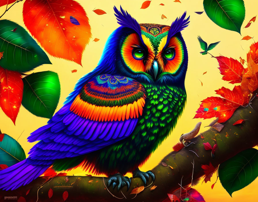 Colorful Owl Perched on Branch with Autumn Leaves in Digital Art