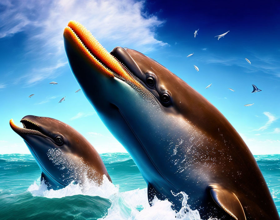 Dolphins leaping in sparkling blue ocean with flying birds under clear sky