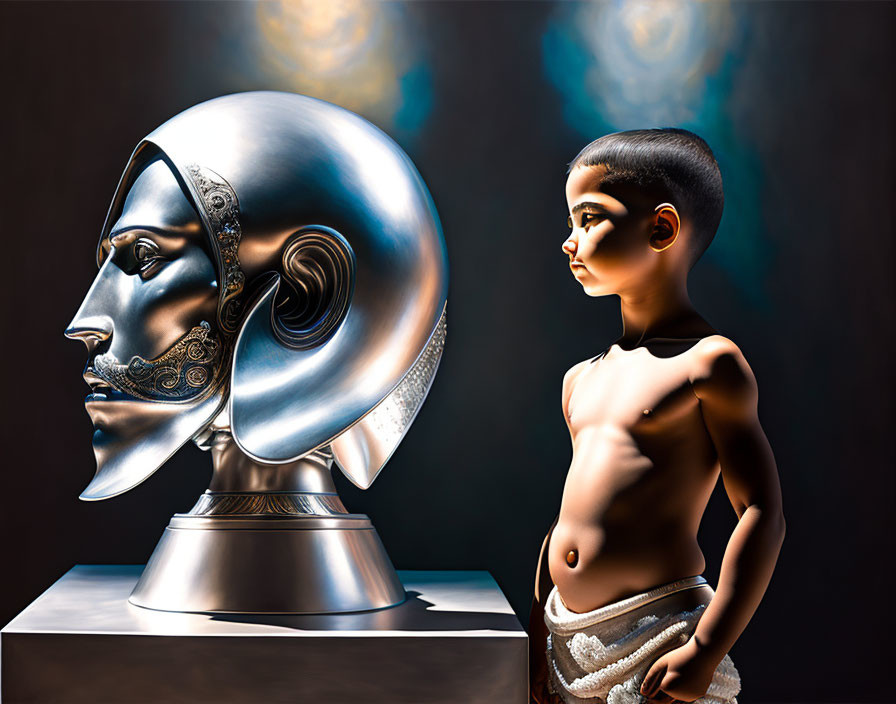 Boy standing next to intricate classical helmet sculpture on abstract background