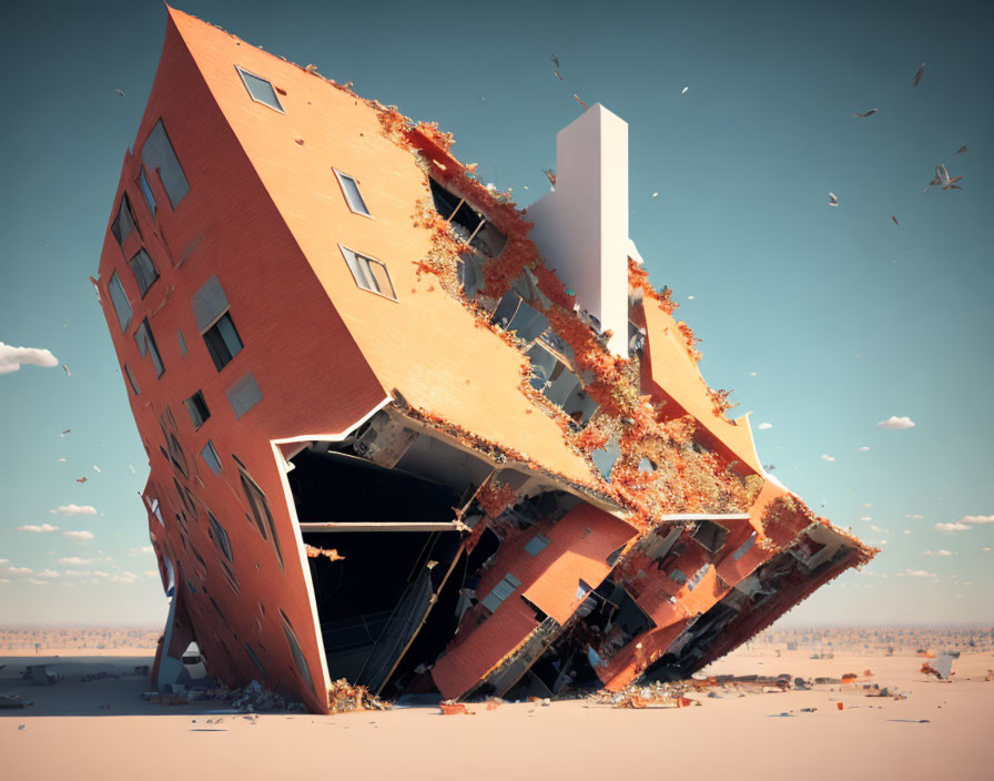 Surreal red brick building collapsing in desert landscape