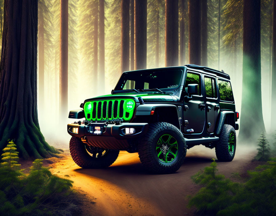 Black Off-Road Vehicle with Neon Green Accents in Mystical Forest