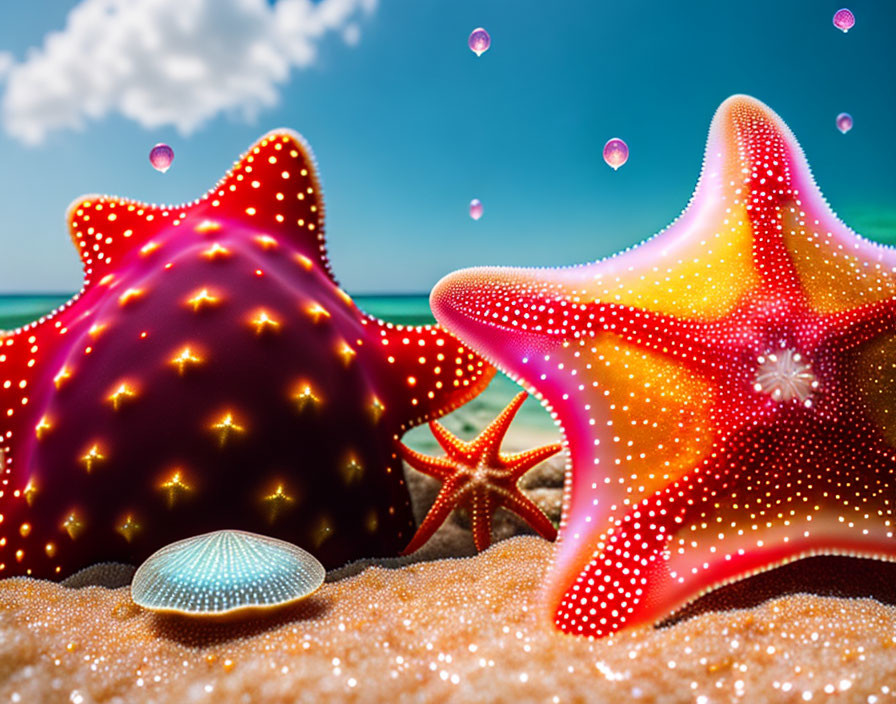 Colorful Starfish and Seashell on Beach with Clear Blue Sky