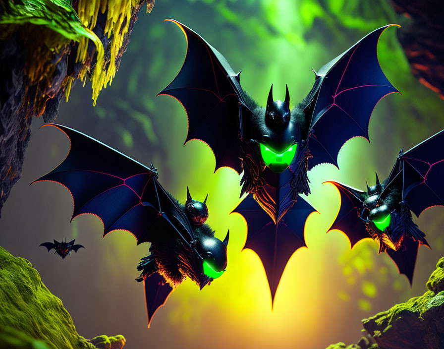 Stylized bats with large wings in vibrant fantasy environment