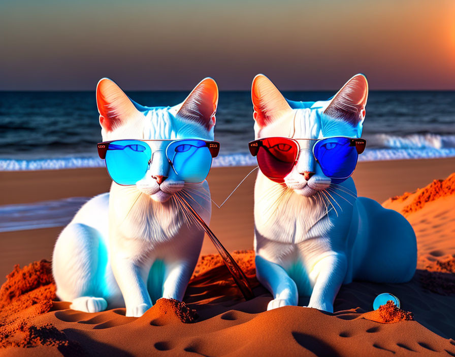 Colorful Sunglasses Cats on Sandy Beach at Sunset