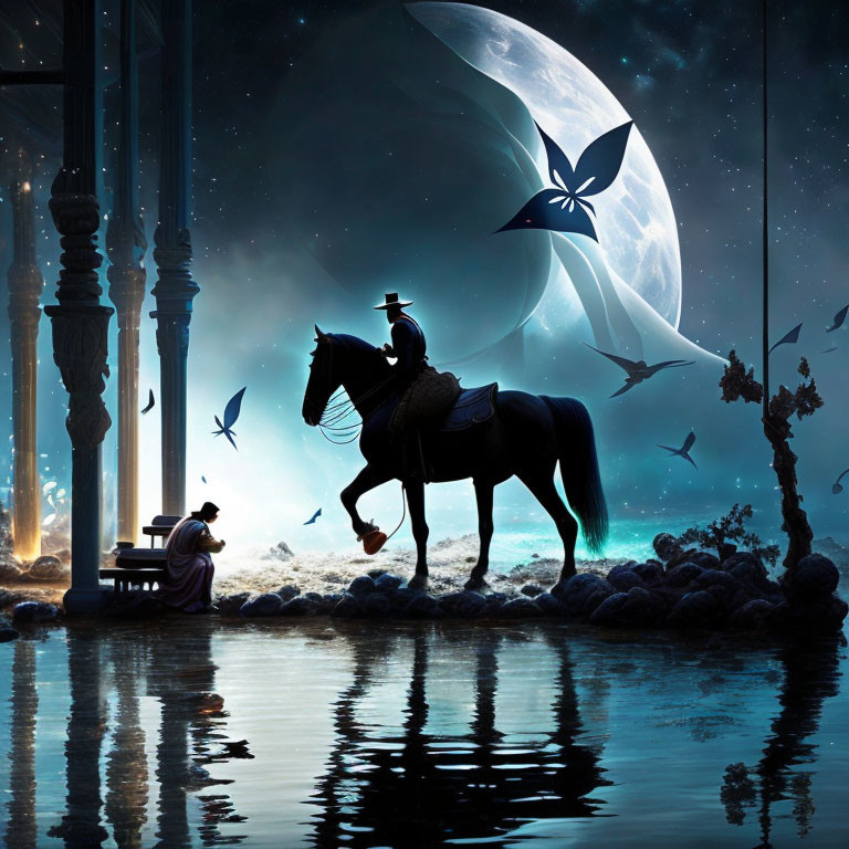 Knight on Horseback Under Celestial Sky with Oversized Moon and Planets, Person at Table Sur