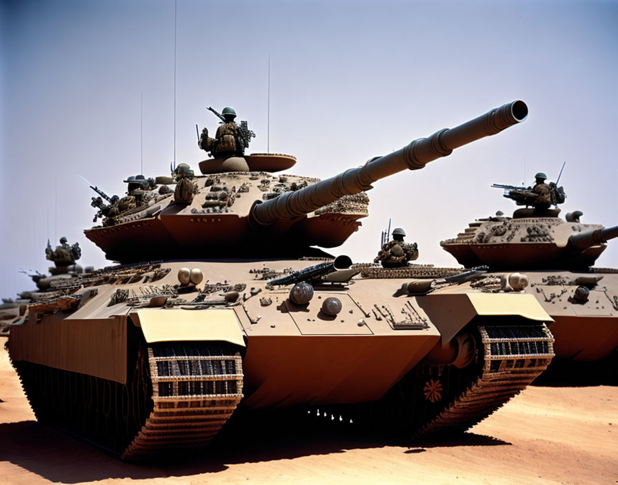 Camouflaged main battle tanks with heavy armor in desert terrain