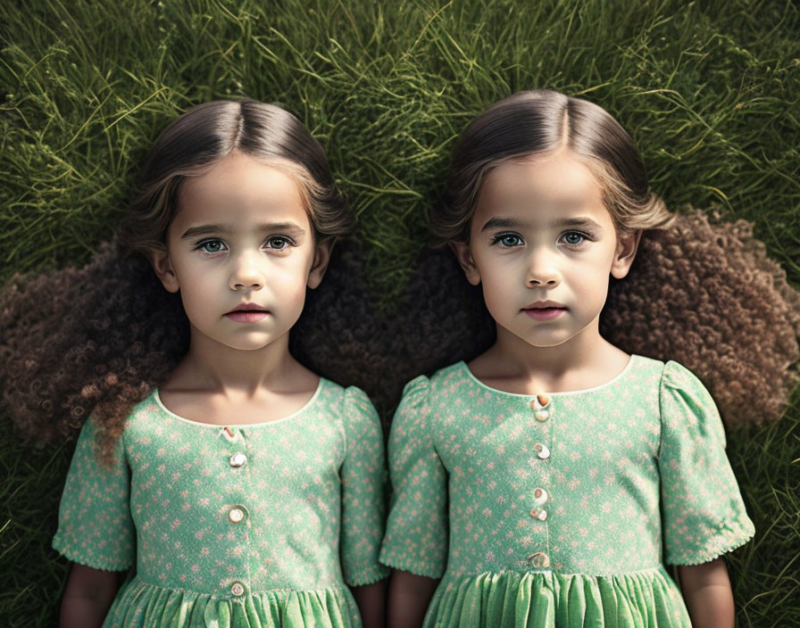 Identical girls with curly brown hair in green dresses on grass.