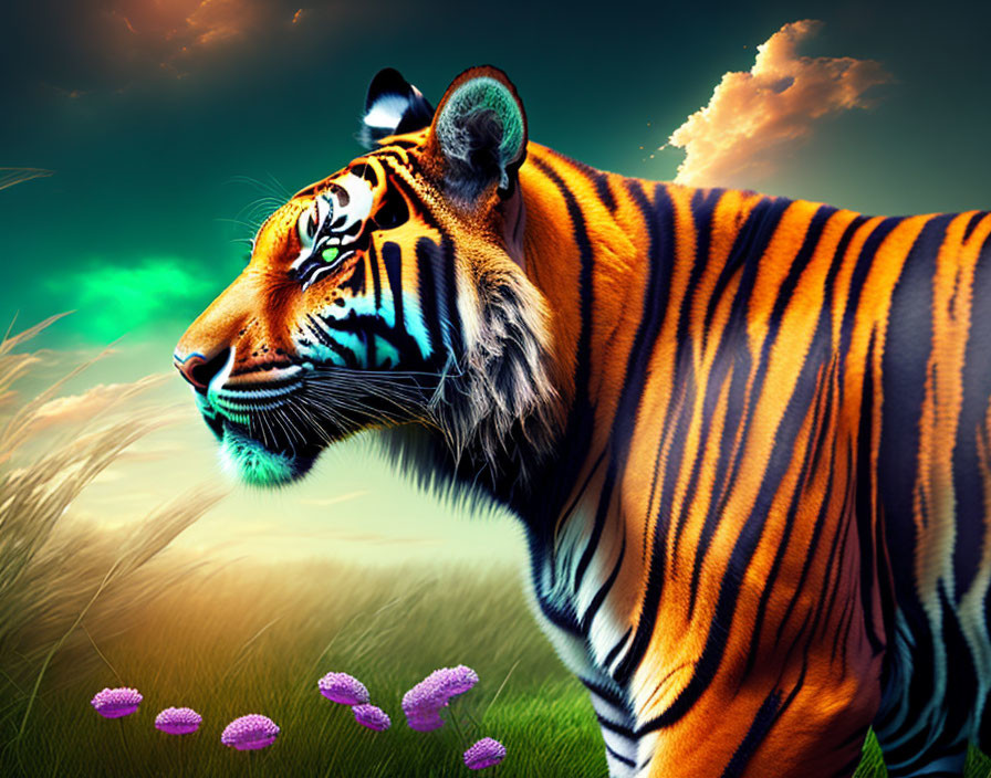 Colorful Tiger in Grassy Field Under Dramatic Sky