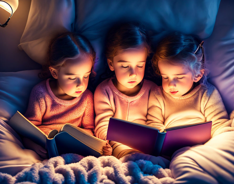 Children reading book under blanket with warm glow