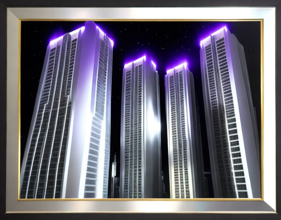 Four illuminated skyscrapers in golden frame under starry night sky