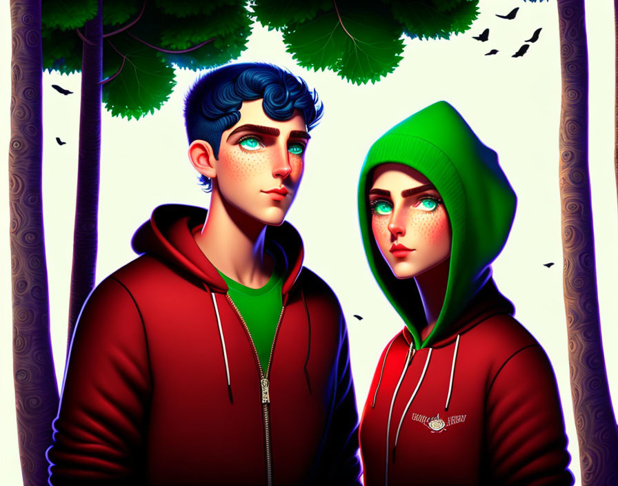 Stylized characters with vibrant blue hair and green eyes in red hoodie, dark trees backdrop