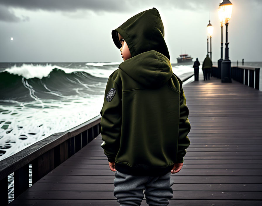 Child in green hoodie on pier gazes at stormy seas