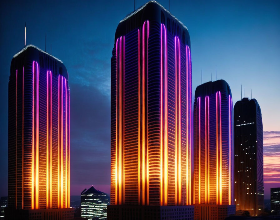 Vibrant neon-lit cityscape at twilight