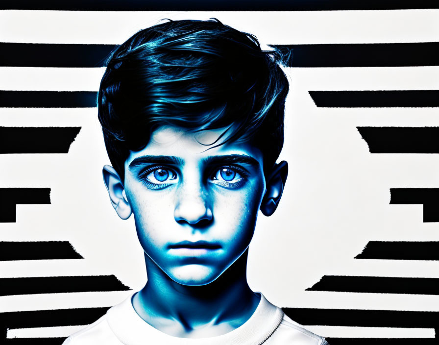 Striking blue-eyed boy on black and white striped background with blue overlay