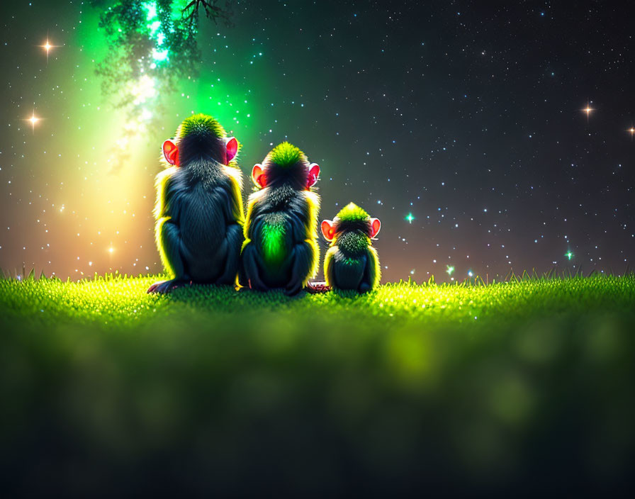 Three creatures with glowing red eyes and green ear tufts under a starry night sky.