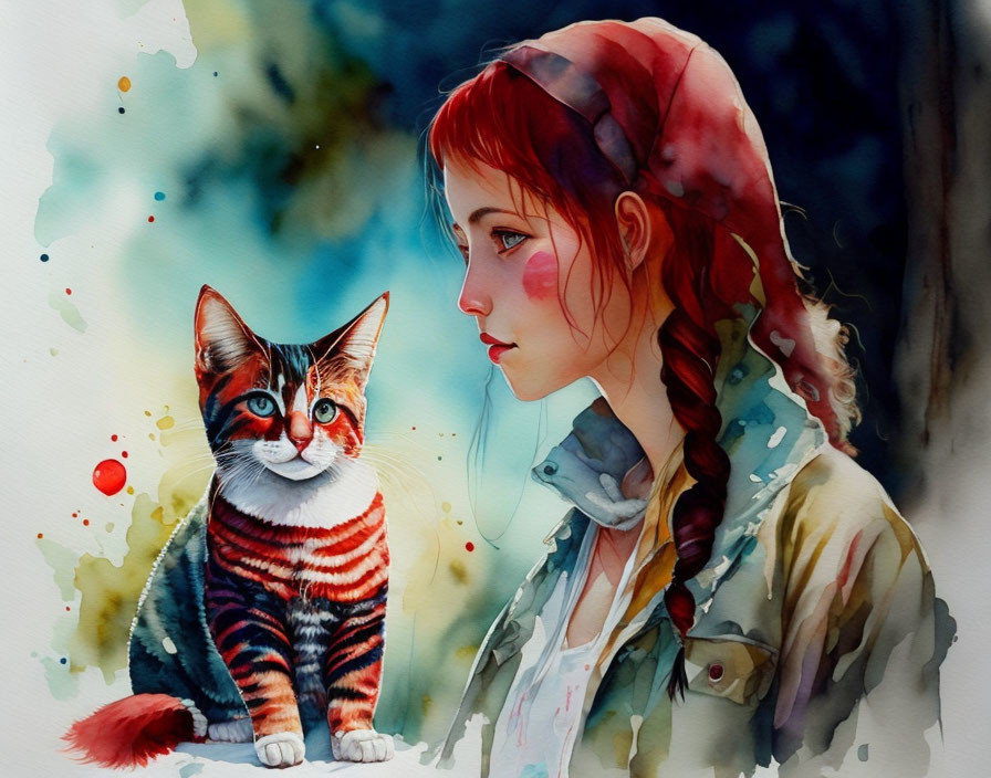 Red-Haired Girl with Braid and Tabby Cat in Watercolor Art