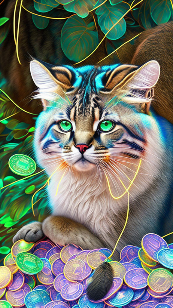 Colorful Digital Art: Intricate Cat Design with Neon Outlines and Fantasy Background