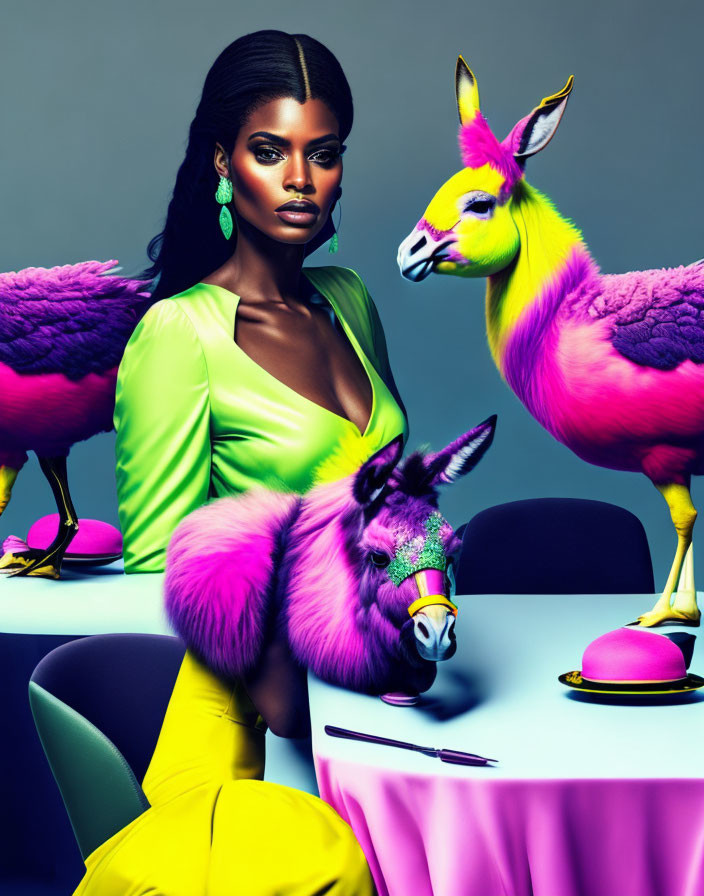 Vivid lime-green outfit woman with fantasy llamas in pink and purple on grey background