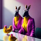 Colorful llamas and farm animals in funky outfits on vibrant backdrop