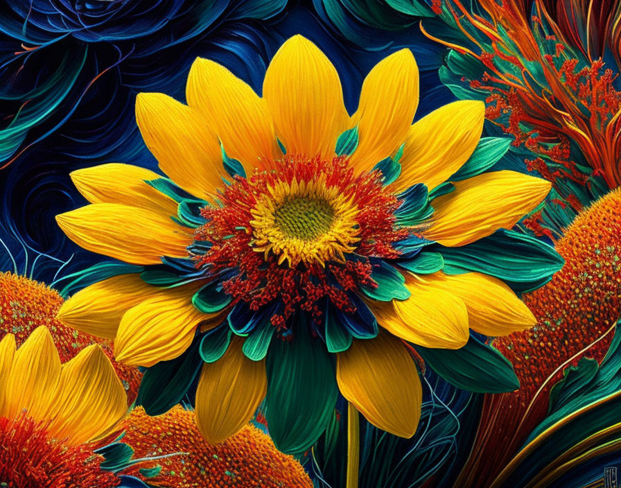 Detailed sunflower painting with vibrant colors on textured background