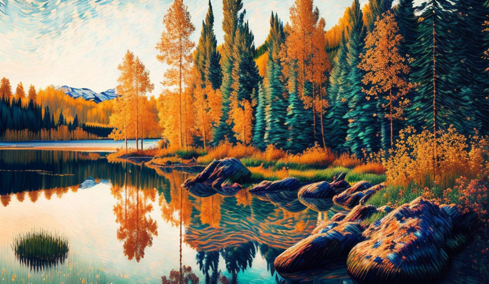 Vibrant autumnal landscape with lake and colorful foliage