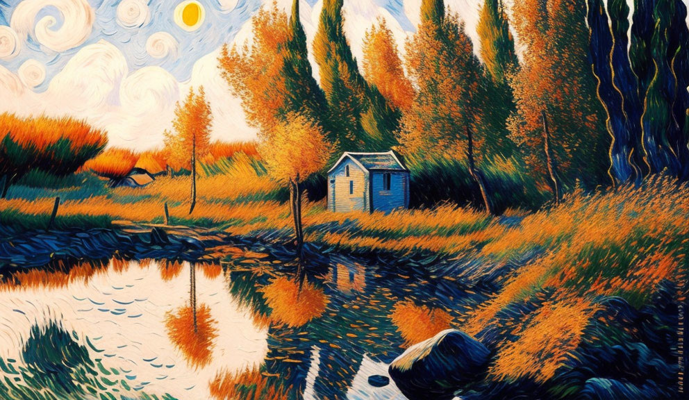 Serene landscape with cabin by reflective water, autumn trees, swirling sky