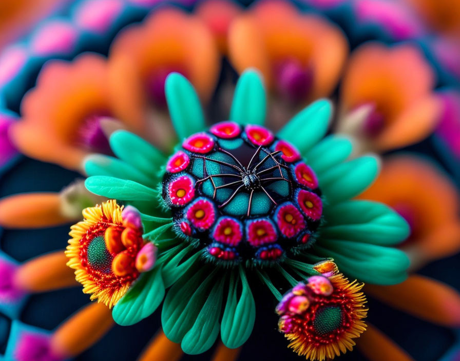 Colorful embroidered fabric flower with intricate patterns and orange accents