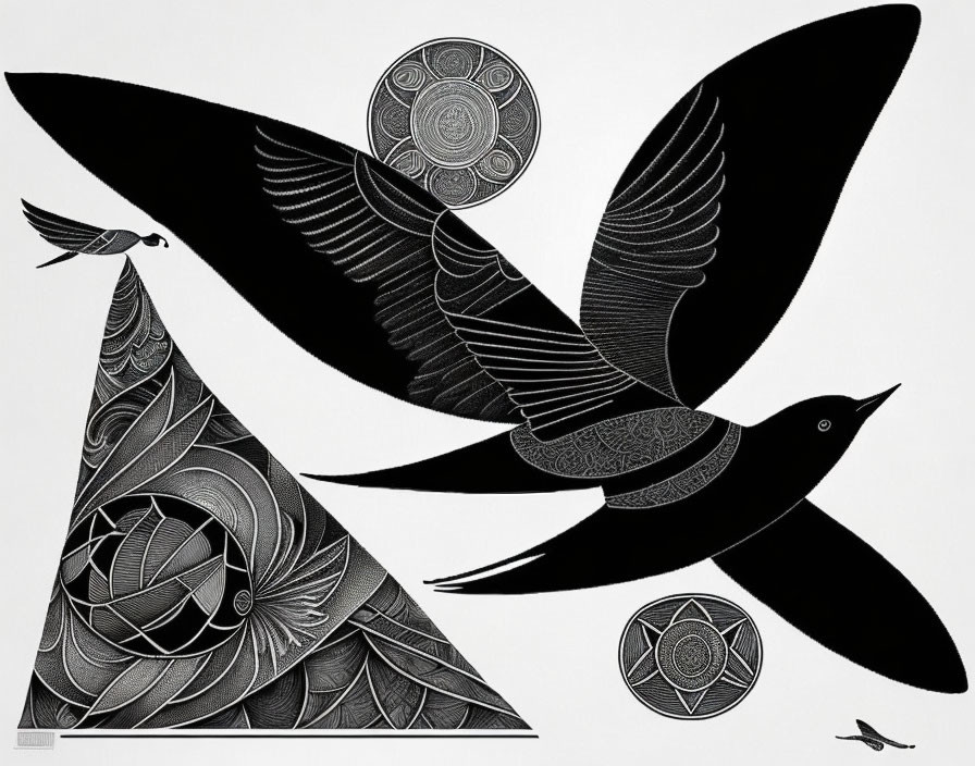 Monochrome artwork of stylized birds in flight with intricate patterns and abstract geometric shapes.