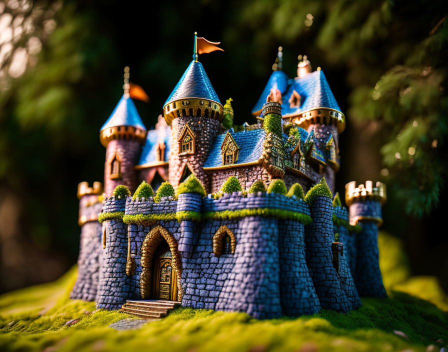 Miniature fairy-tale castle in lush greenery under golden sunlight