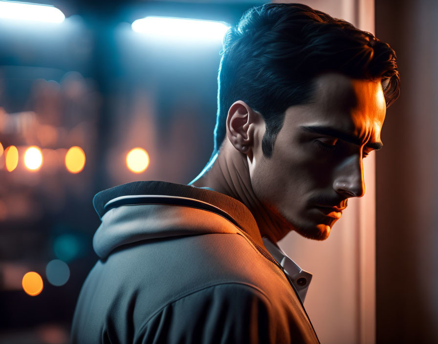 Serious young man portrait with dramatic lighting against urban night backdrop