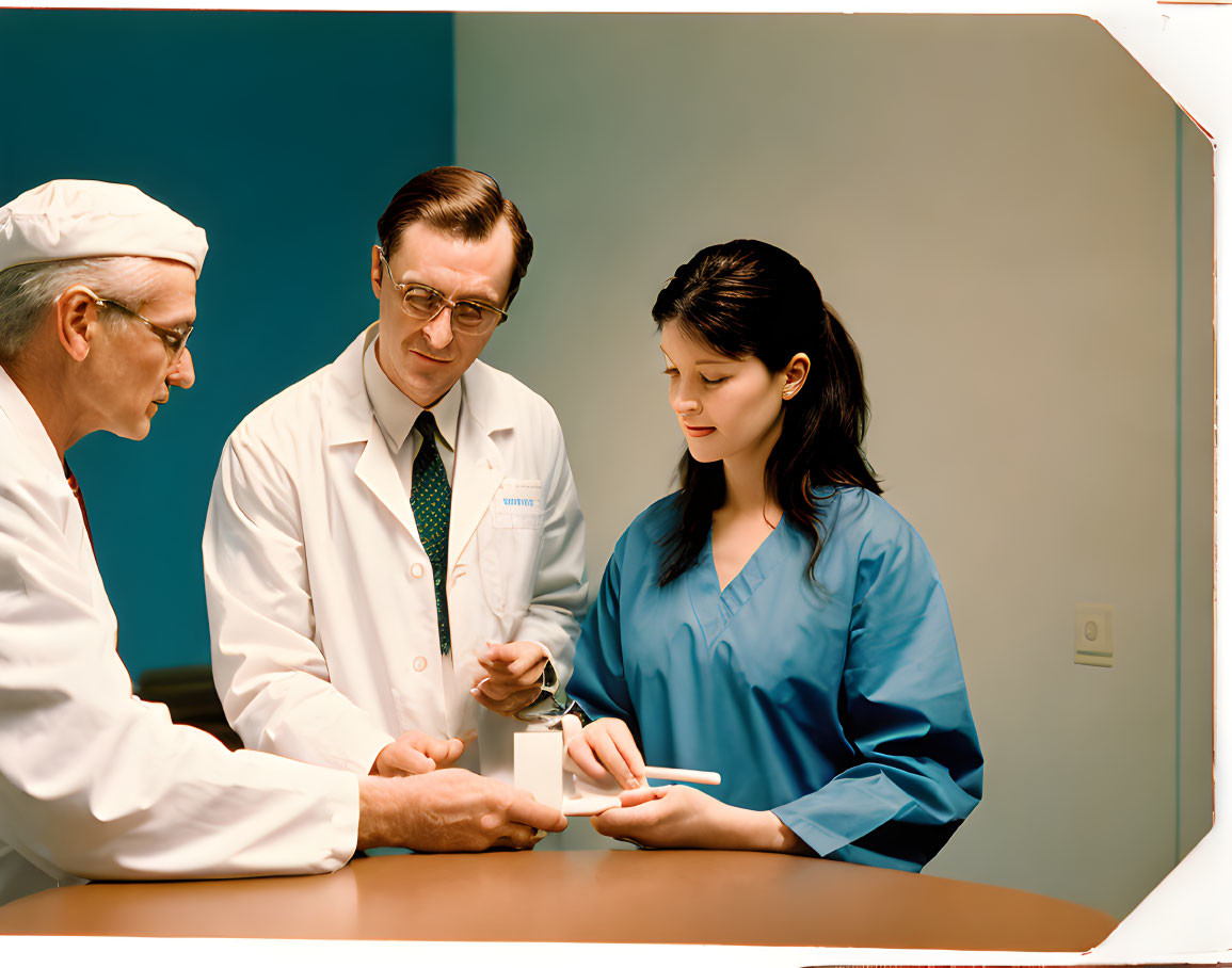 Male doctors guiding female nurse in medical office setting.