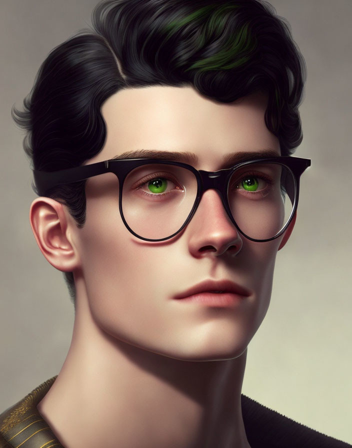 Portrait of a person with green eyes, black hair, and glasses