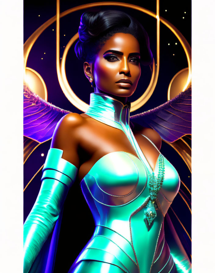 Futuristic woman in metallic teal bodysuit against cosmic backdrop